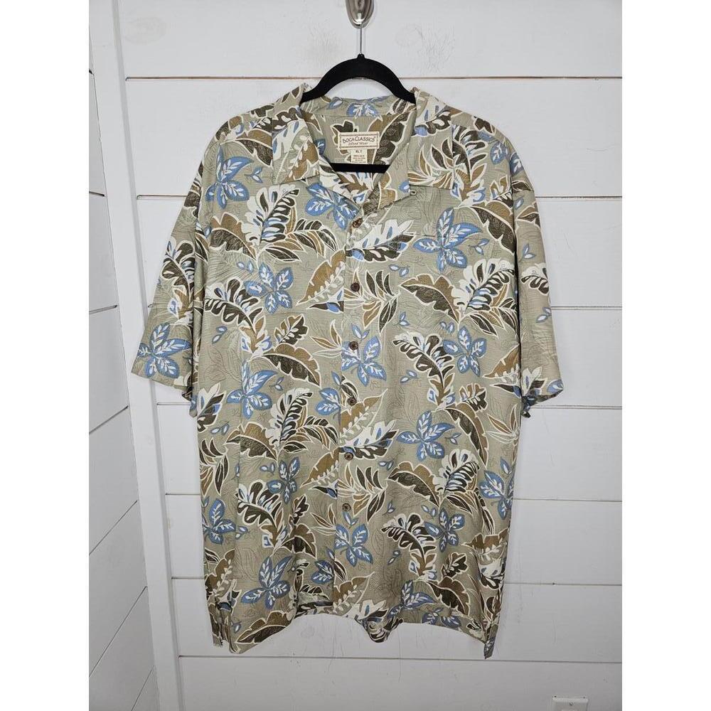 Boca Classics XL Tall tan with cream & blue Hawaiian print silk button up top
